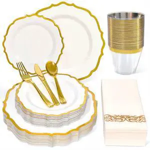 175 Piece Disposable Plastic Plates Dinnerware Set for 25 Guests 175 Piece Disposable Plastic Plates Dinnerware Set for 25 Guests