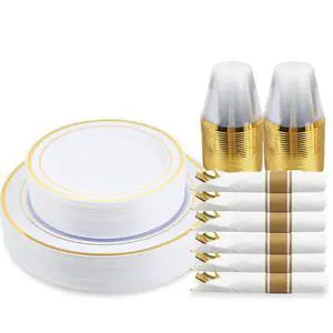 175 Piece Gold Dinnerware Set - 50 Plastic Plates, 25 Cups, 25 Pre Rolled Napkins with Plastic Silverware, Disposable Gold Dinnerware Set for 25 Guest 175 Piece Gold Dinnerware Set - 50 Plastic Plates, 25 Cups, 25 Pre Rolled Napkins with Plastic Silverware, Disposable Gold Dinnerware Set for 25 Guest