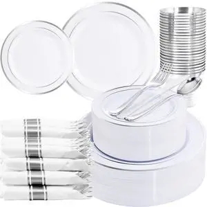 210 Piece Silver Plastic Dinnerware Set for 30 Guests, Include: 30 Dinner Plates, 30 Dessert Plates, 30 Pre Rolled Napkins with Silverware and 30 Silver Cups 210 Piece Silver Plastic Dinnerware Set for 30 Guests, Include: 30 Dinner Plates, 30 Dessert Plates, 30 Pre Rolled Napkins with Silverware and 30 Silver Cups