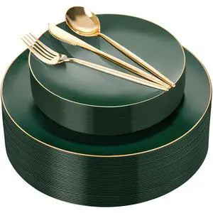 150Pcs Green Plastic Plates with Gold Rim, Fancy Disposable Plates,Green Plates Set include 30 Dinner Plate,30 Dessert Plate, 90 Plastic Silverware Set for Wedding&Party 150Pcs Green Plastic Plates with Gold Rim, Fancy Disposable Plates,Green Plates Set include 30 Dinner Plate,30 Dessert Plate, 90 Plastic Silverware Set for Wedding&Party