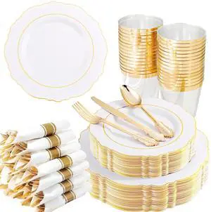 350PCS Gold Plastic Plates-Disposable White and Gold Plates 50guest Baroque Plastic Dinnerware include 100Plates, 50Pack Pre Rolled Napkins with Silverware 50Cups for Wedding & Party 350PCS Gold Plastic Plates-Disposable White and Gold Plates 50guest Baroque Plastic Dinnerware include 100Plates, 50Pack Pre Rolled Napkins with Silverware 50Cups for Wedding & Party