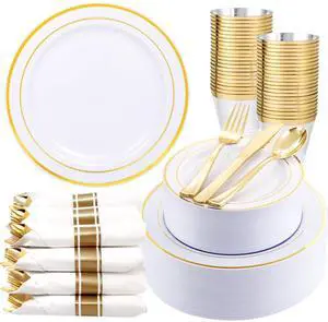 350Piece Gold Dinnerware Set for 50 Guests - Gold Plastic Plates with Disposable Cutlery - 50Dinner Plates-50Dessert Plates-50Pre Rolled Napkins with Silverware for Wedding/Birthday 350Piece Gold Dinnerware Set for 50 Guests - Gold Plastic Plates with Disposable Cutlery - 50Dinner Plates-50Dessert Plates-50Pre Rolled Napkins with Silverware for Wedding/Birthday