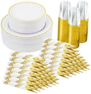 350 Pieces Gold Disposable Plates for 50 Guests, Disposable Plastic Plates for Party, Wedding, Dinnerware Set of 50 Dinner Plates, 50 Salad Plates,50 Cups and 50 Paper Napkins, Gold 350 Pieces Gold Disposable Plates for 50 Guests, Disposable Plastic Plates for Party, Wedding, Dinnerware Set of 50 Dinner Plates, 50 Salad Plates,50 Cups and 50 Paper Napkins, Gold