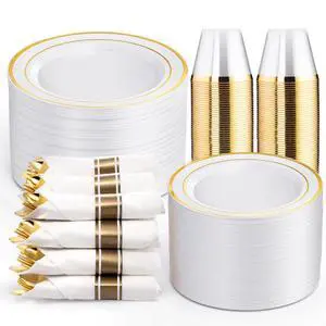 350-Piece Gold Disposable Plates and Cutlery Set - Premium 10.25" Dinner Plates, 7.5" Dessert Plates, 9oz Cups & Cutlery for Weddings, Catering Events - 50 Guest Service - Elegant & Sturdy 350-Piece Gold Disposable Plates and Cutlery Set - Premium 10.25" Dinner Plates, 7.5" Dessert Plates, 9oz Cups & Cutlery for Weddings, Catering Events - 50 Guest Service - Elegant & Sturdy