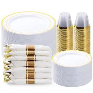 350PCS Gold Plastic Dinnerware Set, Disposable Party Plates for 50 Guests, Include: 100 Plastic Plates, 50 Pre Rolled Napkins with Gold Silverware, 50 Cups 350PCS Gold Plastic Dinnerware Set, Disposable Party Plates for 50 Guests, Include: 100 Plastic Plates, 50 Pre Rolled Napkins with Gold Silverware, 50 Cups