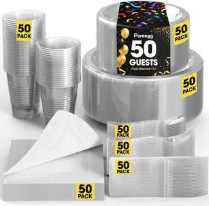 Clear Plastic Plates Set - 350 Pcs Complete Dinnerware Sets for 50 Guests, Disposable Plates, Utensils, Cups, Napkins Included, for Party, Gathering, Wedding, Daily Use Clear Plastic Plates Set - 350 Pcs Complete Dinnerware Sets for 50 Guests, Disposable Plates, Utensils, Cups, Napkins Included, for Party, Gathering, Wedding, Daily Use