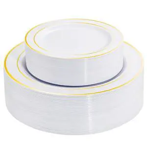 60 Pieces Gold Plastic Plates, Heavy Duty White and Gold Plastic Plates for 30 Guests Include: 30 Gold Rim Dinner Plates and 30 Gold Dessert Plates Perfect for Wedding & Party 60 Pieces Gold Plastic Plates, Heavy Duty White and Gold Plastic Plates for 30 Guests Include: 30 Gold Rim Dinner Plates and 30 Gold Dessert Plates Perfect for Wedding & Party