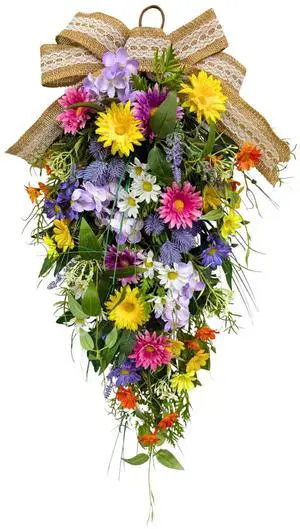 25 Inch Lighted Spring Summer Teardrop Swag with Timer Daisies Wildflower Burlap Bow Farmhouse Floral Decor for Front Door Wall 25 Inch Lighted Spring Summer Teardrop Swag with Timer Daisies Wildflower Burlap Bow Farmhouse Floral Decor for Front Door Wall