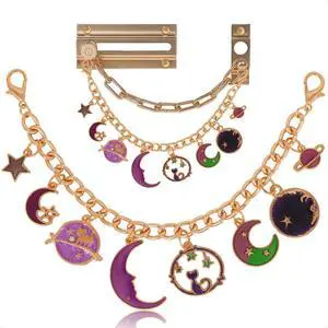 Celestial Door Chain Lock Charms Gold Plated Decorative Bedazzled Chain with Crescent Moon, Star & Cat Pendants Funky Enamel Trinket for Home Decoration (Purple) Celestial Door Chain Lock Charms Gold Plated Decorative Bedazzled Chain with Crescent Moon, Star & Cat Pendants Funky Enamel Trinket for Home Decoration (Purple)