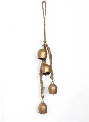 Iron Wrought Bell Chime Handmade Brass Finish Wall Hanging Rope 4 Bell Iron Wrought Bell Chime Handmade Brass Finish Wall Hanging Rope 4 Bell