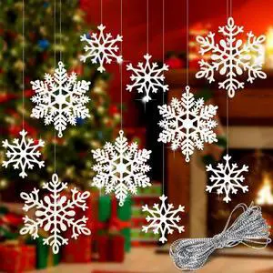 40Pcs White Glitter Snowflake Winter Snowflake Ornaments Christmas Hanging Decorations with 197 Inches Silver Rope for Wedding Birthday Home Xmas Tree Window Door Accessories 40Pcs White Glitter Snowflake Winter Snowflake Ornaments Christmas Hanging Decorations with 197 Inches Silver Rope for Wedding Birthday Home Xmas Tree Window Door Accessories