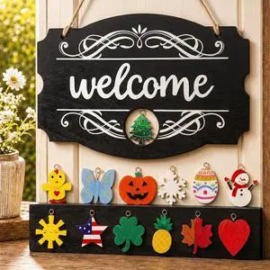 Interchangeable Seasonal Welcome Sign for Front Door, Farmhouse Wooden Welcome Sign with 15 Holiday Icons, Independence Day Patriotic Decor, Rustic Porch Wall Hanging for Spring Summer Fall Winter Interchangeable Seasonal Welcome Sign for Front Door, Farmhouse Wooden Welcome Sign with 15 Holiday Icons, Independence Day Patriotic Decor, Rustic Porch Wall Hanging for Spring Summer Fall Winter