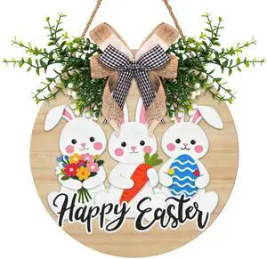 Easter Bunny Door Wreath for Outdoor Decorations Happy Easter Rabbit Door Sign with Bow Wooden Hanging Porch Signs for Holiday Home Wall Decor Easter Bunny Door Wreath for Outdoor Decorations Happy Easter Rabbit Door Sign with Bow Wooden Hanging Porch Signs for Holiday Home Wall Decor