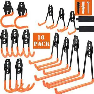16 Pack Garage Hooks Heavy Duty, Industrial Wall Mount Garage Storage Hooks for Hanging Bike, Ladder and Garden Tools, Organization System with Mop Broom Holders, 100 LBS Capacity, Orange 16 Pack Garage Hooks Heavy Duty, Industrial Wall Mount Garage Storage Hooks for Hanging Bike, Ladder and Garden Tools, Organization System with Mop Broom Holders, 100 LBS Capacity, Orange