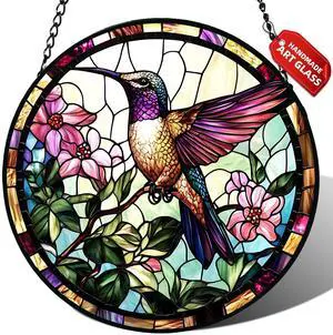 Stained Glass Window Hanging, Hummingbird Suncatcher for Door Home Decor, Birds Flowers Sun Catcher Ornament Mother's Day Birthday Gifts for Bird Lovers Women Men Mom 6.3 in Stained Glass Window Hanging, Hummingbird Suncatcher for Door Home Decor, Birds Flowers Sun Catcher Ornament Mother's Day Birthday Gifts for Bird Lovers Women Men Mom 6.3 in