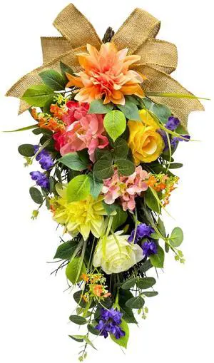 Lighted Spring Summer Floral Teardrop Swag with Burlap Bow, Dahlia Lighted Spring Summer Floral Teardrop Swag with Burlap Bow, Dahlia