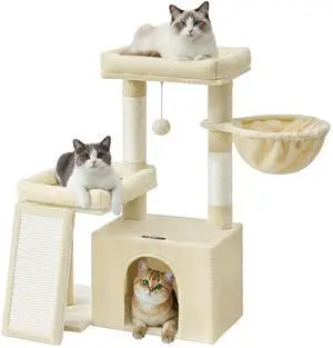 Cat Tree, Cat Tower Condo with Scratching Posts and Ramp, 2 Large Perches, Cave, Basket, 33.8 Inches Tall, Summer Sand UPCT013LF02S Cat Tree, Cat Tower Condo with Scratching Posts and Ramp, 2 Large Perches, Cave, Basket, 33.8 Inches Tall, Summer Sand UPCT013LF02S