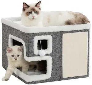 Cat Houses for Indoor Cats, Covered Cave Bed with Scratch Pad and Fluffy Ball, Foldable Cat Hideaway Condo for Large Cats, Modern Kitten Bed,16.5x16.5x13 inches (Grey, Large) Cat Houses for Indoor Cats, Covered Cave Bed with Scratch Pad and Fluffy Ball, Foldable Cat Hideaway Condo for Large Cats, Modern Kitten Bed,16.5x16.5x13 inches (Grey, Large)