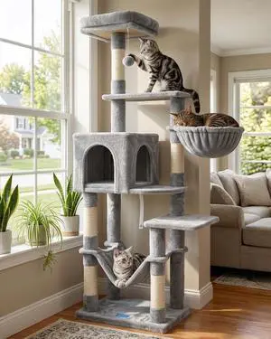 Cat Tree with Large Hammock, Multi-Level Cat Tower for Indoor Cats, Cat Condo with Sisal-Covered Scratching Posts and Top Perch, Light Gray MPJ050W Cat Tree with Large Hammock, Multi-Level Cat Tower for Indoor Cats, Cat Condo with Sisal-Covered Scratching Posts and Top Perch, Light Gray MPJ050W