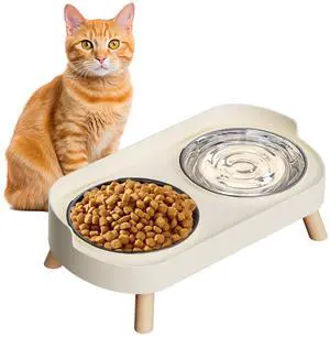 Elevated Cat Bowl, Raised Cat Food and Water Bowl Set for Indoor Cats, Splash Proof with 2 Stainless Steel Pet Food Bowls for Cats and Puppies, Whisker Fatigue and Dishwasher Safe - White Elevated Cat Bowl, Raised Cat Food and Water Bowl Set for Indoor Cats, Splash Proof with 2 Stainless Steel Pet Food Bowls for Cats and Puppies, Whisker Fatigue and Dishwasher Safe - White