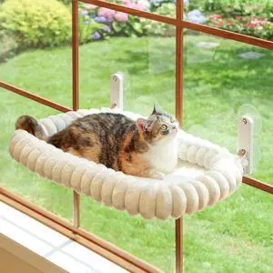 SnugCloud Foldable Cat Window Perch - Cordless, Ultra Soft Machine Washable Bed with 4-Sided Bolster, Metal Frame - Window Hammock for Large Cats and Kittens (Cream White, Medium) SnugCloud Foldable Cat Window Perch - Cordless, Ultra Soft Machine Washable Bed with 4-Sided Bolster, Metal Frame - Window Hammock for Large Cats and Kittens (Cream White, Medium)