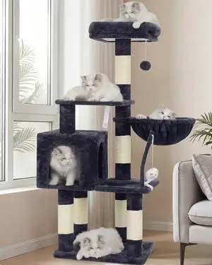 Cat Tree with Toy, 43.3 inch Cat Tower condo for Indoor Cats, Cat House with Padded Plush Perch, Cozy Hammock and Sisal Scratching Posts, Smoky Gray HCT004SG Cat Tree with Toy, 43.3 inch Cat Tower condo for Indoor Cats, Cat House with Padded Plush Perch, Cozy Hammock and Sisal Scratching Posts, Smoky Gray HCT004SG