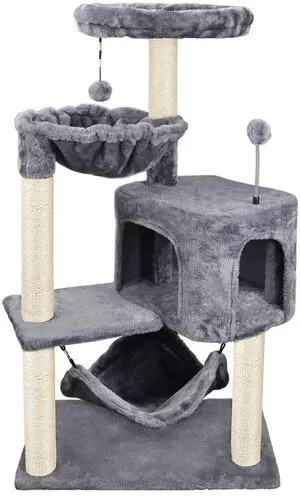 Cat Tree with Cat Condo and Big Hammock, Grey Cat Tree with Cat Condo and Big Hammock, Grey