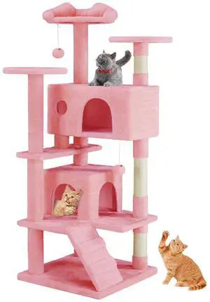 54 Inch Cats Tree Tower, Multi-Level with Scratching Post, Indoor Cat Tree Condo with Climbing Ladder, Plush Toy, Play House for Kittens, Pink 54 Inch Cats Tree Tower, Multi-Level with Scratching Post, Indoor Cat Tree Condo with Climbing Ladder, Plush Toy, Play House for Kittens, Pink