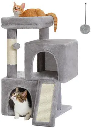 Cat Tree, 30 Inches Cat Tower with Dual Condos for Indoor Cats, Plush Cat House with Padded Perch, Scratching Ramp and Posts and Replaceable Balls-Gray Cat Tree, 30 Inches Cat Tower with Dual Condos for Indoor Cats, Plush Cat House with Padded Perch, Scratching Ramp and Posts and Replaceable Balls-Gray