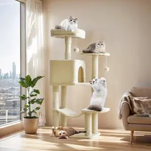 44 Inch Cat Tree Tower, Cat Climbing Tower with Natural Sisal Scratching Posts, Hammock, Pet Condo for Indoor Cats and Kittens Play, Beige 44 Inch Cat Tree Tower, Cat Climbing Tower with Natural Sisal Scratching Posts, Hammock, Pet Condo for Indoor Cats and Kittens Play, Beige