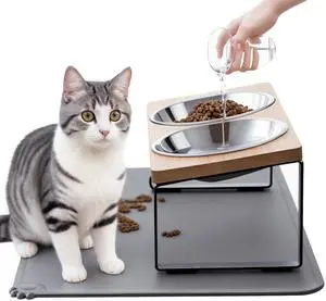 Upgraded Elevated Cat Bowls with Food Mat,15°Tilted Stand Anti Vomiting Raised Cat Dishes for Food and Water,2 Stainless Steel Bowls for Cats and Puppy Upgraded Elevated Cat Bowls with Food Mat,15°Tilted Stand Anti Vomiting Raised Cat Dishes for Food and Water,2 Stainless Steel Bowls for Cats and Puppy