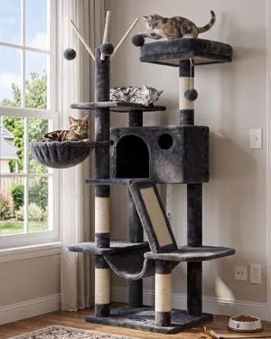 Cat Tree, 53 inch Cat Tower for Indoor Cats, Cat House with Padded Platform Bed, Toy Balls, Large Cozy Condo, Hammocks and Sisal Scratching Posts, Smoky Gray MPJ019-SG Cat Tree, 53 inch Cat Tower for Indoor Cats, Cat House with Padded Platform Bed, Toy Balls, Large Cozy Condo, Hammocks and Sisal Scratching Posts, Smoky Gray MPJ019-SG
