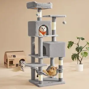 Cat Tree, 59.5-Inch Tall Cat Tower, Plush Multi-Level Condo with 5 Scratching Posts, 2 Perches, 2 Caves, Hammock, 2 Pompoms, Light Gray UPCT192W01 Cat Tree, 59.5-Inch Tall Cat Tower, Plush Multi-Level Condo with 5 Scratching Posts, 2 Perches, 2 Caves, Hammock, 2 Pompoms, Light Gray UPCT192W01