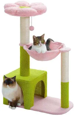Flower Cat Tree with Large Metal Frame Hammock, 35" Cute Cat Tower with Sisal Scratching Posts for Small Indoor Cats, Cat Condo with Pink Top Perch for Kittens, Pink Flower Cat Tree with Large Metal Frame Hammock, 35" Cute Cat Tower with Sisal Scratching Posts for Small Indoor Cats, Cat Condo with Pink Top Perch for Kittens, Pink
