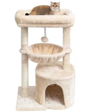 Small Cat Tree for Indoor Cats, Kittens Condo with Scratching Post and Board, Modern Activity Tower with Cradle, Beige Small Cat Tree for Indoor Cats, Kittens Condo with Scratching Post and Board, Modern Activity Tower with Cradle, Beige