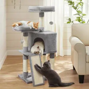 Cat Tree, 45.3-Inch Cat Tower, Plush Condo with Scratching Post, Ramp, Perch, Spacious Cave, for Small Space, Light Gray UPCT141W01 Cat Tree, 45.3-Inch Cat Tower, Plush Condo with Scratching Post, Ramp, Perch, Spacious Cave, for Small Space, Light Gray UPCT141W01