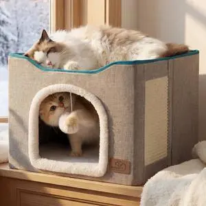 Cat House Bed for Indoor Cats with Fluffy Ball and Scratch Pad,Grey Cat House Bed for Indoor Cats with Fluffy Ball and Scratch Pad,Grey