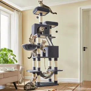 Cat Tree, 81.1-Inch Large Cat Tower, Multi-Level Plush Condo with 13 Scratching Posts, 2 Perches, 2 Caves, Basket, Hammock, Pompoms, Smoky Gray UPCT190G01 Cat Tree, 81.1-Inch Large Cat Tower, Multi-Level Plush Condo with 13 Scratching Posts, 2 Perches, 2 Caves, Basket, Hammock, Pompoms, Smoky Gray UPCT190G01