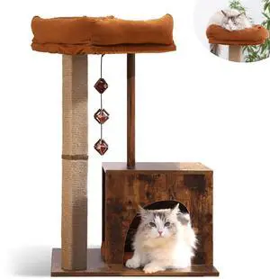 Cat Scratching Post, Modern Style Cat Tree with Unique Square Post, Wooden Cat Tower with silvervine Balls, Retro Cat Brown Condo Scratcher for Indoor CatsSolid Wood Cat Scratching Post, Modern Style Cat Tree with Unique Square Post, Wooden Cat Tower with silvervine Balls, Retro Cat Brown Condo Scratcher for Indoor CatsSolid Wood
