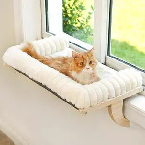 Cloud-Soft Cat Window Sill Perch with Zipper Designed Cushioned Bed, Supportive Cat Window Seat with Premium Solid Wood & Sturdy Metal Frame, Pet Hammock Bed for Large Cats (Large, White) Cloud-Soft Cat Window Sill Perch with Zipper Designed Cushioned Bed, Supportive Cat Window Seat with Premium Solid Wood & Sturdy Metal Frame, Pet Hammock Bed for Large Cats (Large, White)