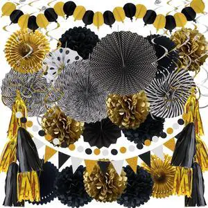 Party Decorations, 41 Pcs Black and Gold Papar Fans Pompoms Garlands String Tissue Paper Tassel for Graduation Congrats Grad New Years Wedding Birthday Party Party Decorations, 41 Pcs Black and Gold Papar Fans Pompoms Garlands String Tissue Paper Tassel for Graduation Congrats Grad New Years Wedding Birthday Party