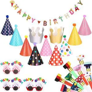 25 Pcs Party Set: 1 Colorful Banner, 3 Glasses, 10 Whistles, 11 Cone Hats for Festive Decor (Classic Style) 25 Pcs Party Set: 1 Colorful Banner, 3 Glasses, 10 Whistles, 11 Cone Hats for Festive Decor (Classic Style)