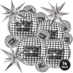 Inflatable Disco Ball Balloons Pack of 14 - 22 Silver Mylar Foil Disco Party Balloons with Star Balloons, Ribbon & Pipe for New Year's Disco Ball Decorations Party, Bachelorette, Birthday Décor Inflatable Disco Ball Balloons Pack of 14 - 22 Silver Mylar Foil Disco Party Balloons with Star Balloons, Ribbon & Pipe for New Year's Disco Ball Decorations Party, Bachelorette, Birthday Décor