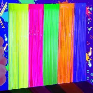 2 Pack Neon Glow Tinsel Foil Fringe Curtains, 3.3 x 6.6 ft 2 Pack Neon Glow Tinsel Foil Fringe Curtains, 3.3 x 6.6 ft