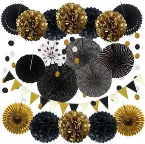 Party Decoration, 21 Pcs Black and Gold Hanging Paper Fans, Pom Poms Flowers, Garlands String Polka Dot and Triangle Bunting Flags for Birthday Parties Wedding Décor, Table & Wall Decorations Party Decoration, 21 Pcs Black and Gold Hanging Paper Fans, Pom Poms Flowers, Garlands String Polka Dot and Triangle Bunting Flags for Birthday Parties Wedding Décor, Table & Wall Decorations