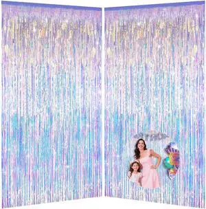 Iridescent Party Decorations Fringe Backdrop, Sparkling Holographic Foil Fringe Tinsel Curtains for Frozen Mermaid Birthday Party Decor - 3.28x6.56ft 2 Packs Iridescent Party Decorations Fringe Backdrop, Sparkling Holographic Foil Fringe Tinsel Curtains for Frozen Mermaid Birthday Party Decor - 3.28x6.56ft 2 Packs