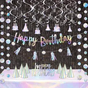 28-Piece Iridescent Birthday Party Decoration Kit Happy Birthday Banner, Hanging Swirls, Garlands, Table Centerpiece, Tablecloth & Cone Hats for a Shimmering, Photo-Ready Celebration 28-Piece Iridescent Birthday Party Decoration Kit Happy Birthday Banner, Hanging Swirls, Garlands, Table Centerpiece, Tablecloth & Cone Hats for a Shimmering, Photo-Ready Celebration