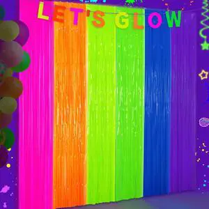 Glow in The Dark Tinsel Curtains 2 Pack - 3.3x6.6ft UV Reactive Fluorescent Party Backdrop for Neon, Birthday, Pride Decorations, Pre-Taped, Lightweight Waterproof Glow in The Dark Tinsel Curtains 2 Pack - 3.3x6.6ft UV Reactive Fluorescent Party Backdrop for Neon, Birthday, Pride Decorations, Pre-Taped, Lightweight Waterproof