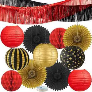 Red, Black & Gold Party Decorations for Birthday, Retirement, Graduation, Casino Night, Red Carpet, Hollywood Theme - Hanging Paper Lanterns, Fans & Streamers Set Red, Black & Gold Party Decorations for Birthday, Retirement, Graduation, Casino Night, Red Carpet, Hollywood Theme - Hanging Paper Lanterns, Fans & Streamers Set