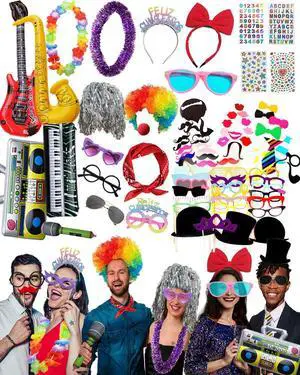80pcs Large Gorgeous Photo Booth Props Set Birthday Party Accessories Kit Includes Clown Wig Foil Tinsel Wig Rock Headband Novelty Funny Glasses Inflatable Prop for Adult Teen Carnival Party Supplies 80pcs Large Gorgeous Photo Booth Props Set Birthday Party Accessories Kit Includes Clown Wig Foil Tinsel Wig Rock Headband Novelty Funny Glasses Inflatable Prop for Adult Teen Carnival Party Supplies